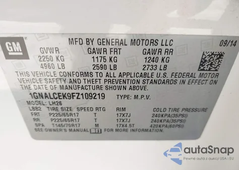 2015 Chevrolet Equinox 2Lt from USA, damaged, VIN 1GNALCEK9FZ109219